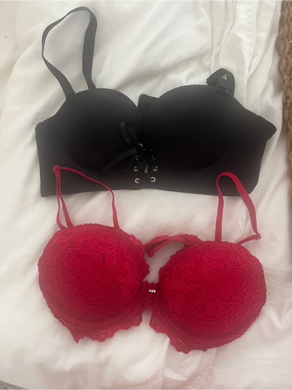 smart & sexy Black Lace-Up Bustier Bra and Red Lace Push-Up Bra Set 34B